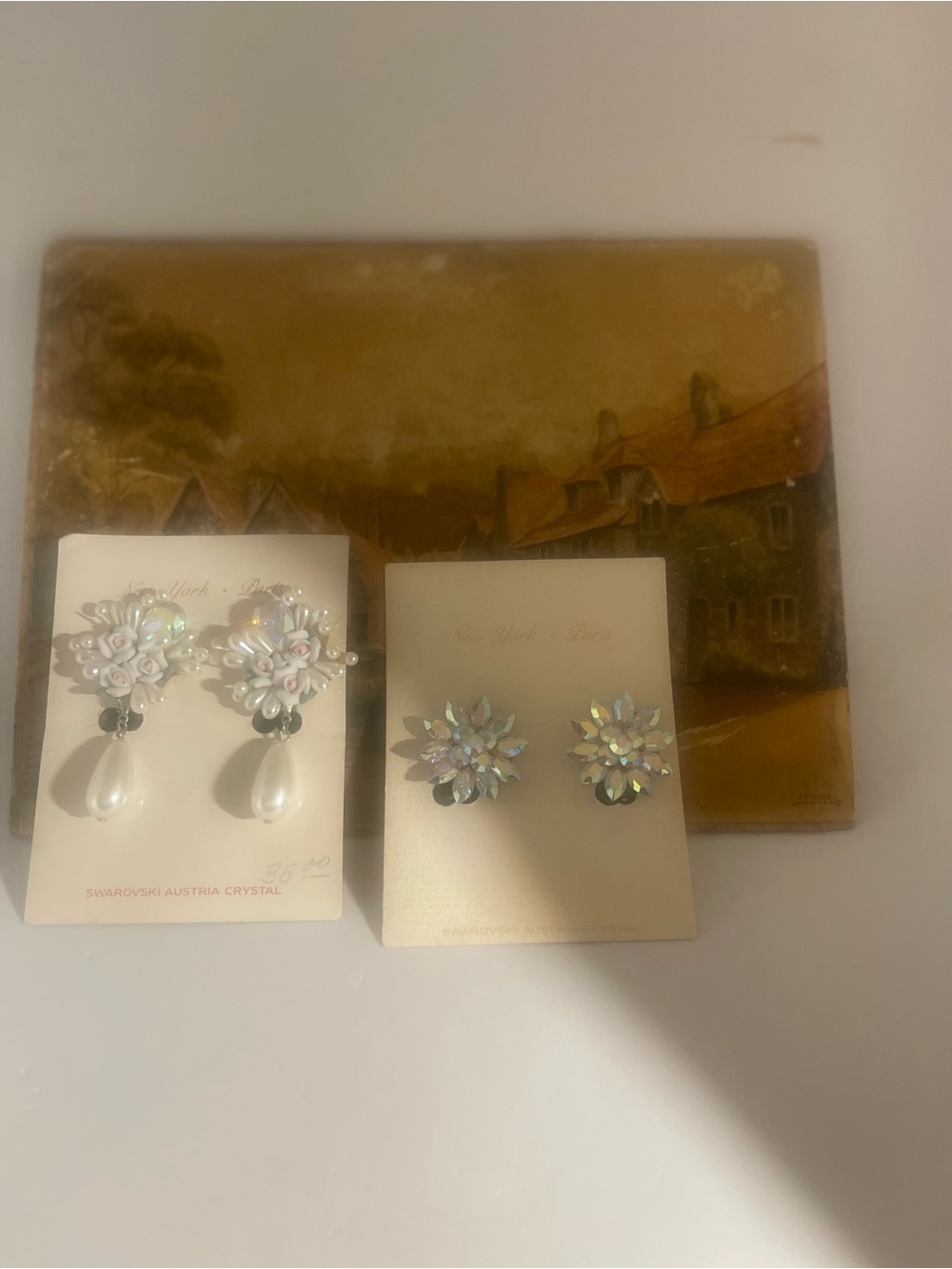 2 clip earrings Swarovski White Pearl and Pink Floral Drop